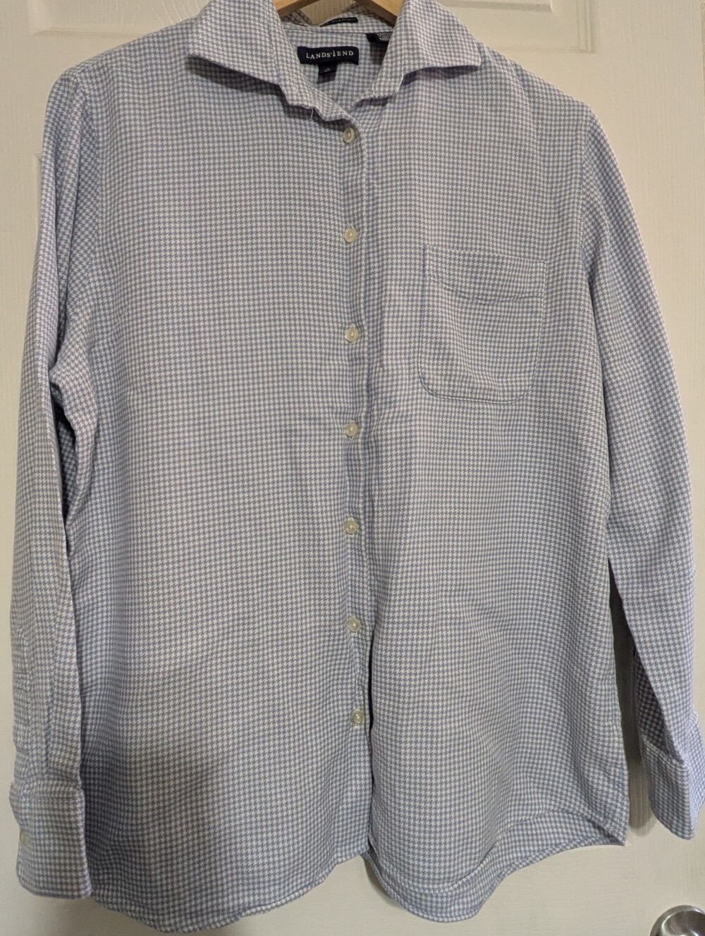 Lands' End Men's Blue and White Micro-Check Button-Down Shirt
